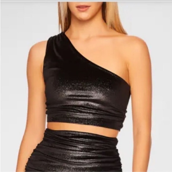 NWT Susana Monaco Black Metallic One Shoulder Ruched crop top women size Small - Picture 2 of 11